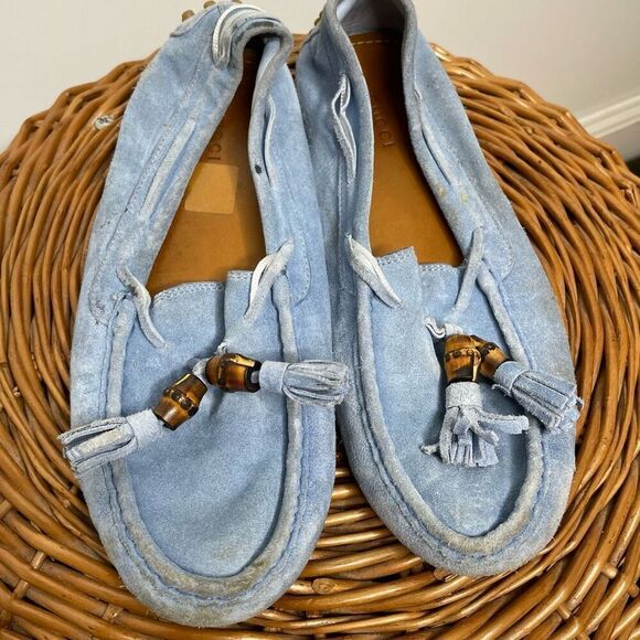Gucci Moccasin Suede Driver Loafer Flats Slip On Light Blue Bamboo Tassel 7‎ - Picture 6 of 9